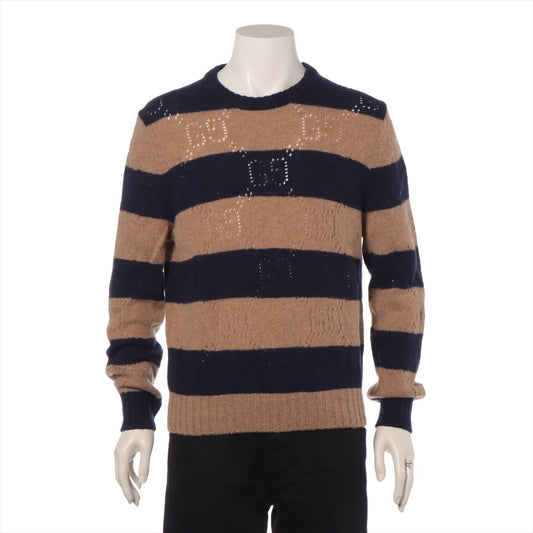 Gucci Perforated GG Pattern Stripe Knit Sweatshirt Brown x Navy Blue