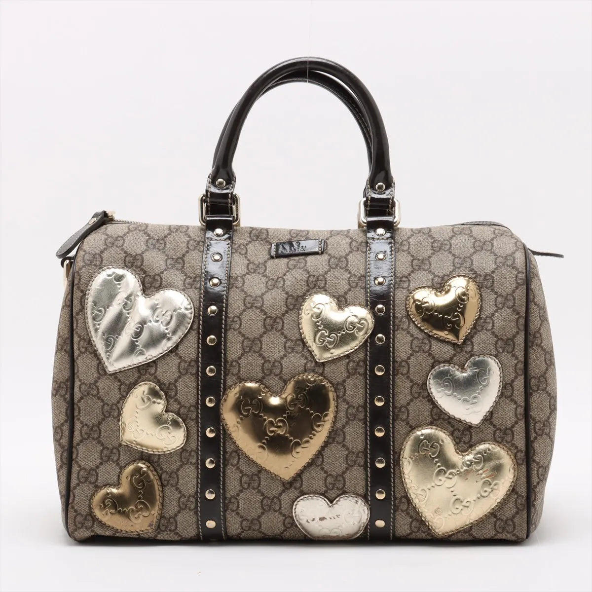 Gucci GG Supreme Canvas Heart Patches Boston Bag Beige x Brown