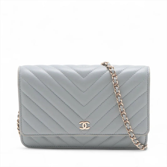 Chanel CC Logo Chevron Lambskin Chain Wallet Bag Gray
