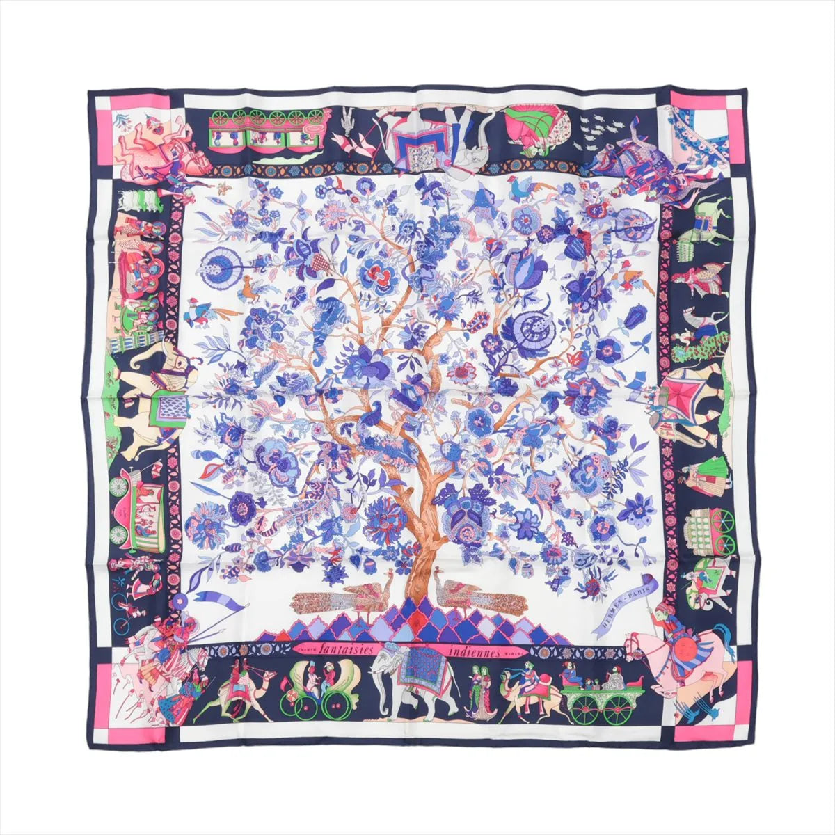 Hermès Carré 90 Fantaisies Indiennes Dazzling India Silk Scarf Navy Blue