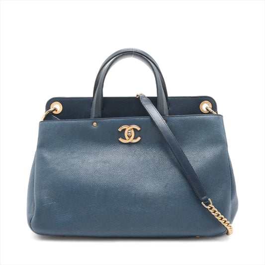 Chanel CC Logo Caviar Skin Two-Way Handbag Blue