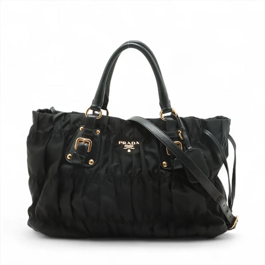 Prada Tessuto Gaufre Nylon Leather Two-Way Handbag Black