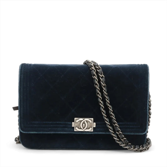 Chanel Boy Velour Chain Wallet Navy Blue