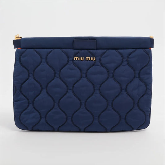 Miu Miu Logo Nylon Quilted Pouch Navy Blue