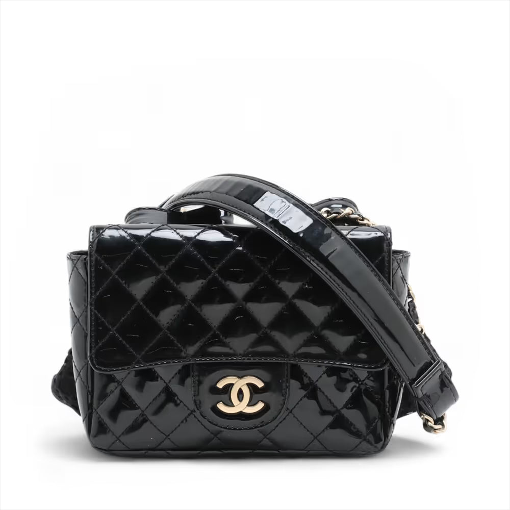 Chanel CC Logo Matelasse Patent Leather Cotton Chain Gamaguchi Shoulder Bag Black