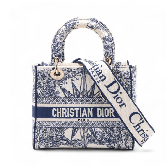 Christian Dior Lady D-Lite Medium Canvas Two-Way Shoulder Bag White x Blue