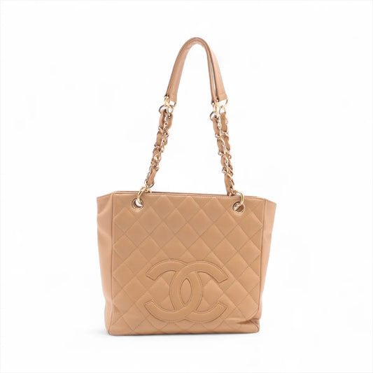 Chanel CC Logo Caviar Skin Chain Tote Bag Beige