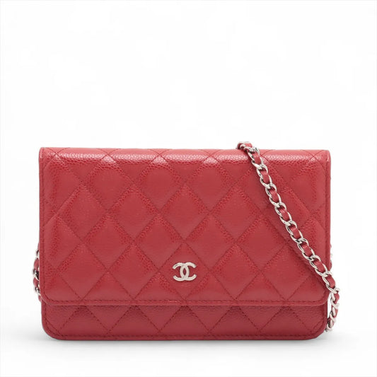 Chanel CC Logo Matelasse Caviar Skin Chain Wallet Red
