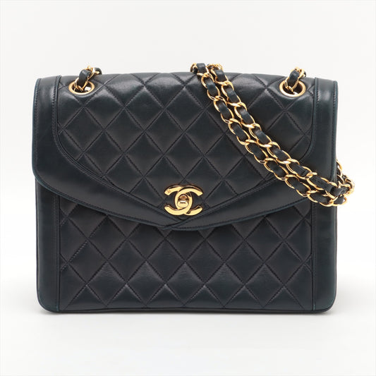 Chanel CC Logo Matelasse Lambskin Single Flap Double Chain Bag Navy Blue