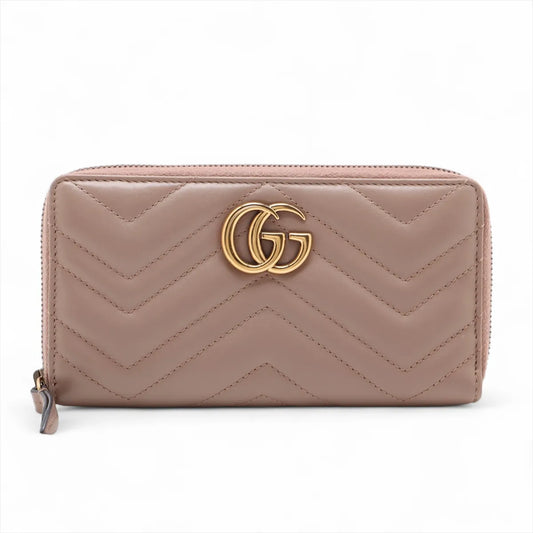 Gucci GG Marmont Chevron Leather Zippy Long Wallet Pink Beige