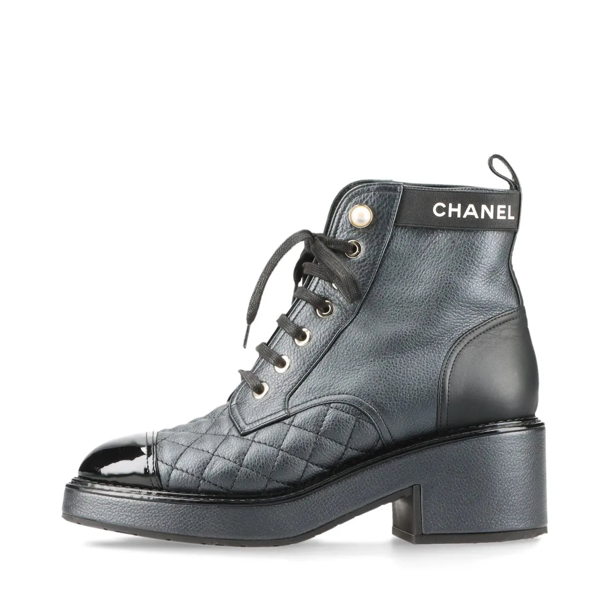 Chanel Logo Matelasse Leather Short Ladies Boots Black
