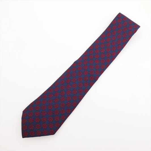 Hermès Ship Wheel Silk Necktie Navy Blue x Red
