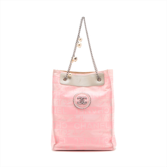 Chanel CC Logo Nylon Pearl Chain Tote Bag Pink