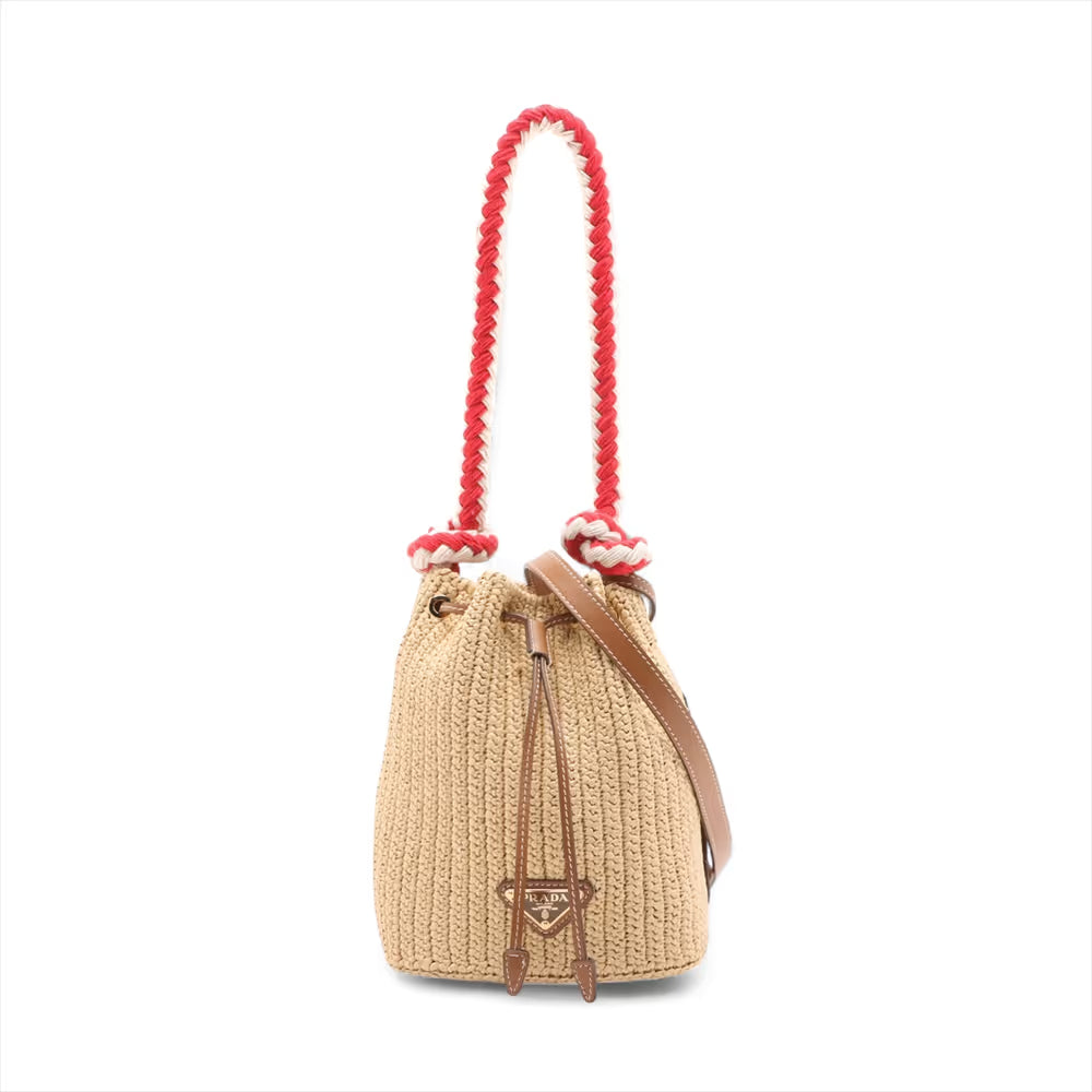 Prada Raffia x Leather Two-Way Bucket Bag Beige x Brown | Redo Luxury