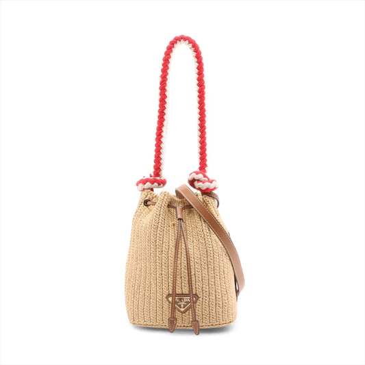 Prada Raffia x Leather Two-Way Bucket Bag Beige x Brown