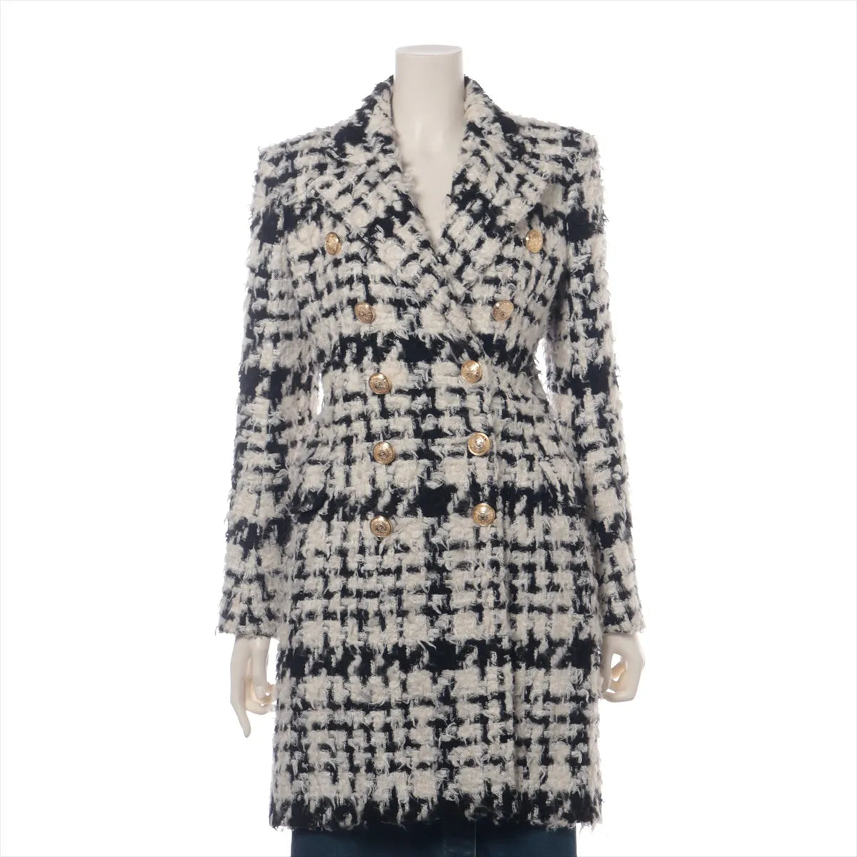 Balmain Tweed Wool Double Breasted Long Coat White x Black