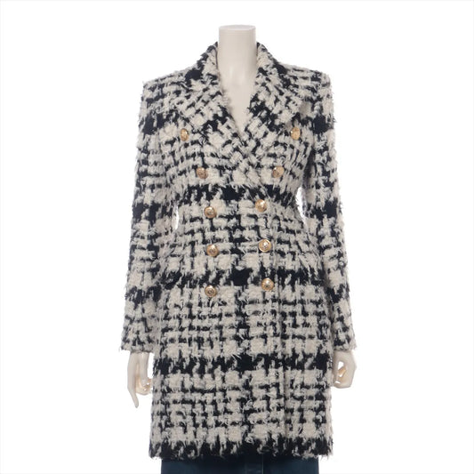 Balmain Tweed Wool Double Breasted Long Coat White x Black