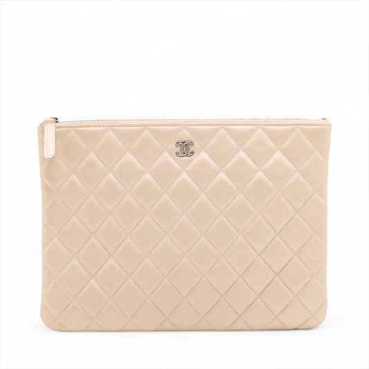 Chanel CC Logo Matelasse Lambskin Clutch Bag Beige