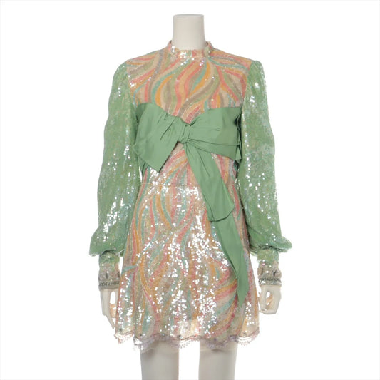 Gucci Sequins *exclusive runway* Silk Ribbon Long Sleeve Mini Dress Orange x Green