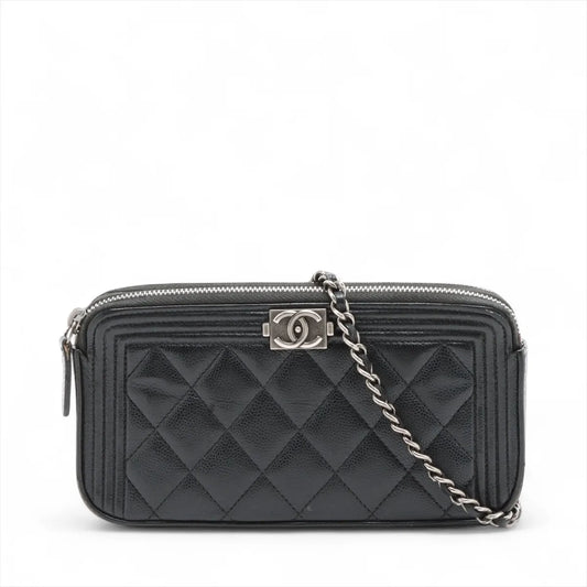 Chanel Boy CC Logo Caviar Skin Chain Zippy Two-Way Wallet Black