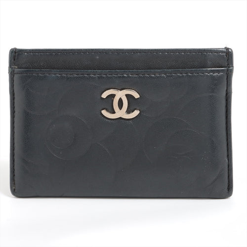 Second Hand Chanel Camellia Lambskin Leather Card Case Black