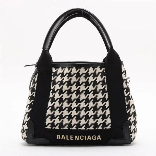 Balenciaga Navy Canvas Leather Cabas XS Two-Way Handbag Black × White