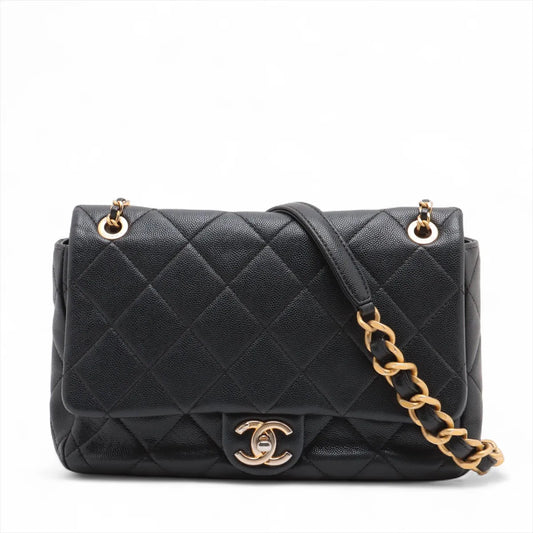 Chanel Matelasse Caviar Skin Single Flap Double Chain Bag Black