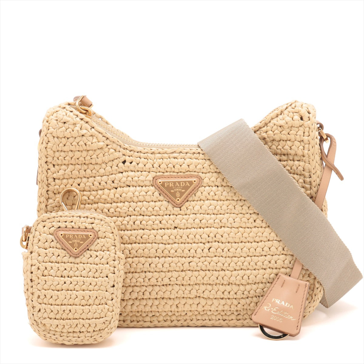 Prada Raffia Re-Edition Crossbody Bag with Coin Purse Beige