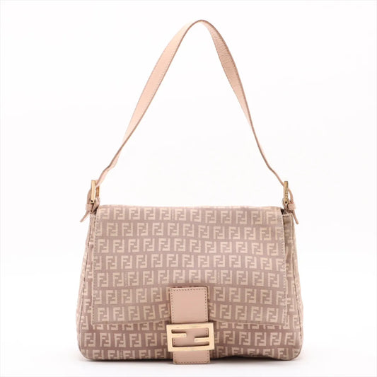 Fendi Zucchino Mamma Baguette Canvas Leather Shoulder Bag Pink x Beige