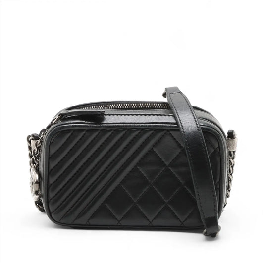 Chanel Matelasse and Slant Stiching Lambskin Chain Shoulder Bag Black