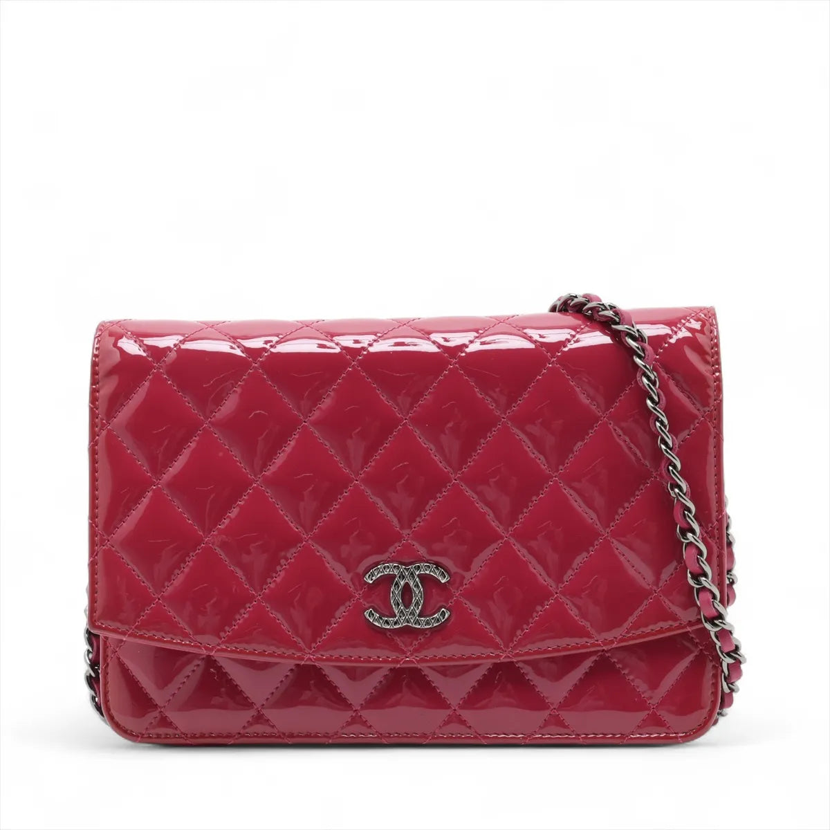 Chanel CC Logo Matelasse Patent Leather Chain Wallet Bag Pink