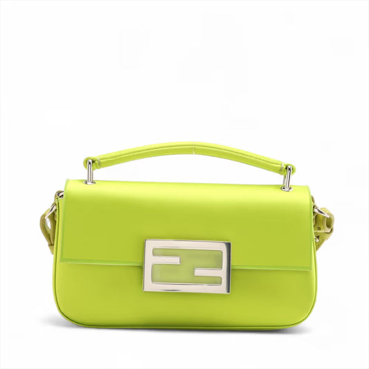 Fendi Baguette Satin Leather Two-Way Handbag Green