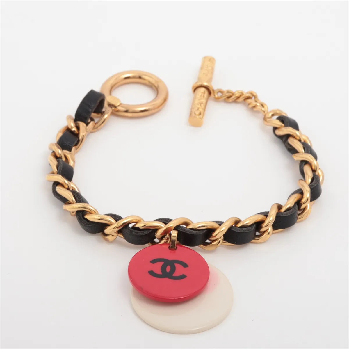 Chanel CC Logo Chain Leather Bracelet  Gold×Black