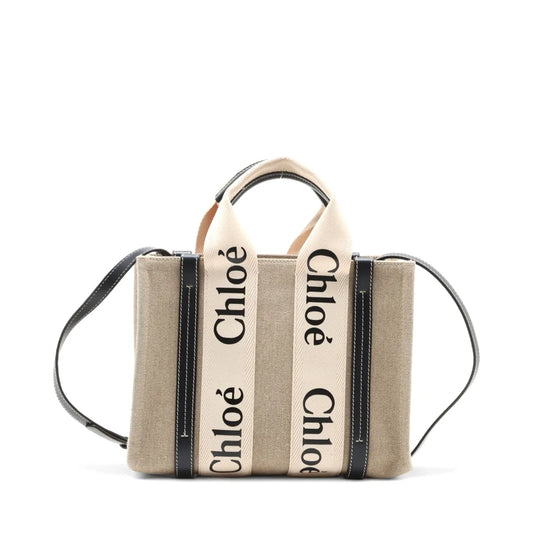 Chloe Woody Small Canvas Leather Two-Way Handbag Beige x Black