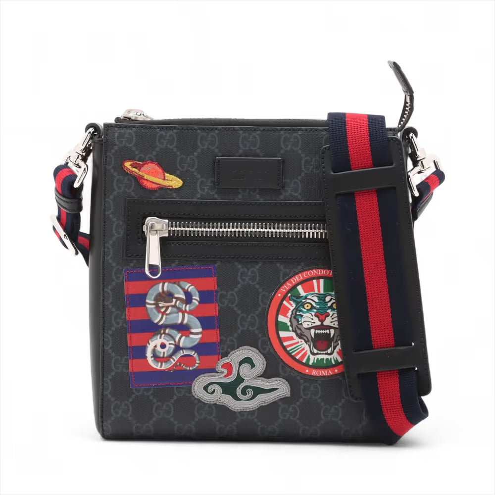 Gucci GG Supreme Patches Leather Messenger Bag Black