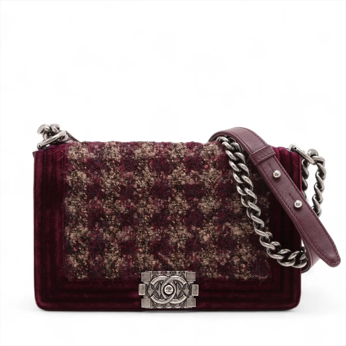 Chanel Boy CHANEL 25 Tweed x Velvet Chain Shoulder Bag Bordeaux