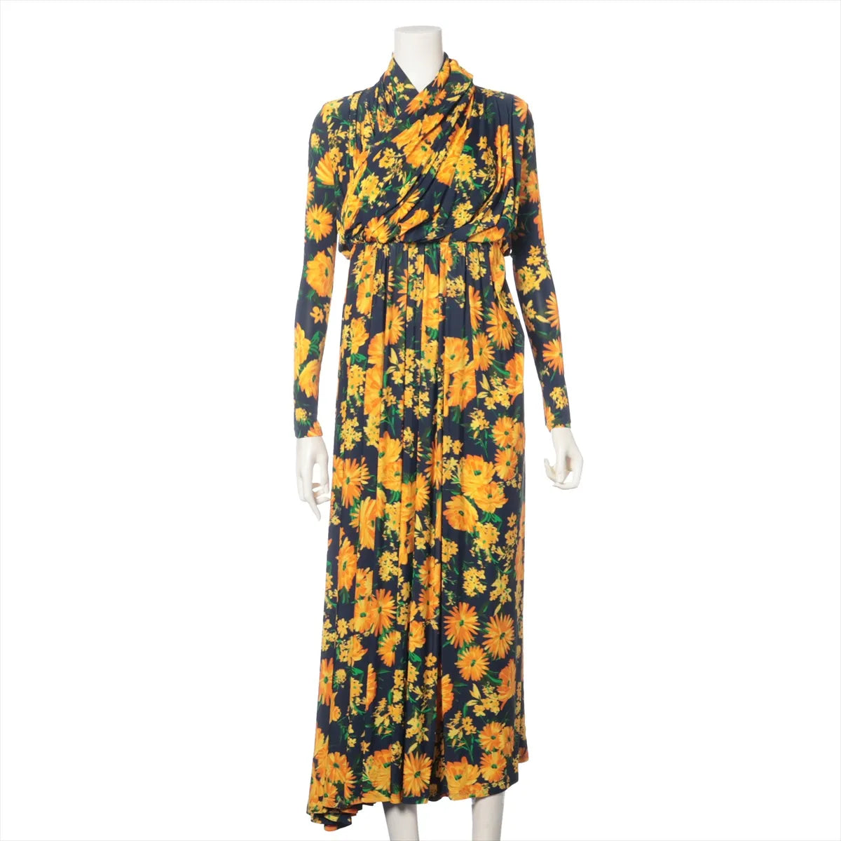 Balenciaga Yellow Floral Rayon Long Sleeve Maxi Dress Navy Blue