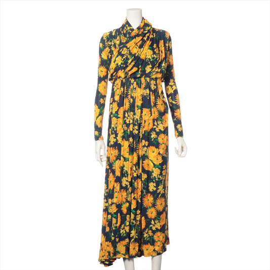 Balenciaga Yellow Floral Rayon Long Sleeve Maxi Dress Navy Blue