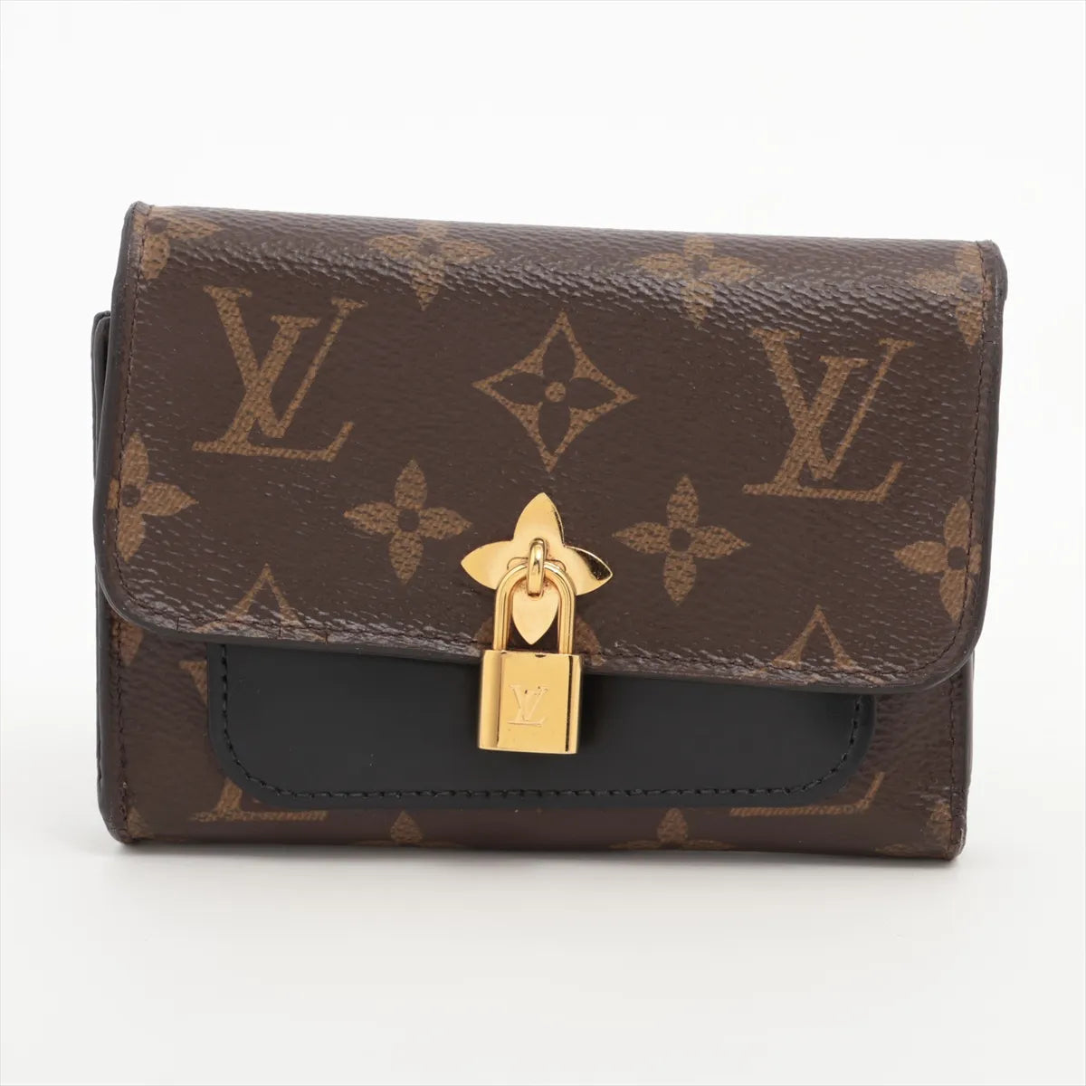 Louis Vuitton Monogram Flower Compact Wallet Black × Brown