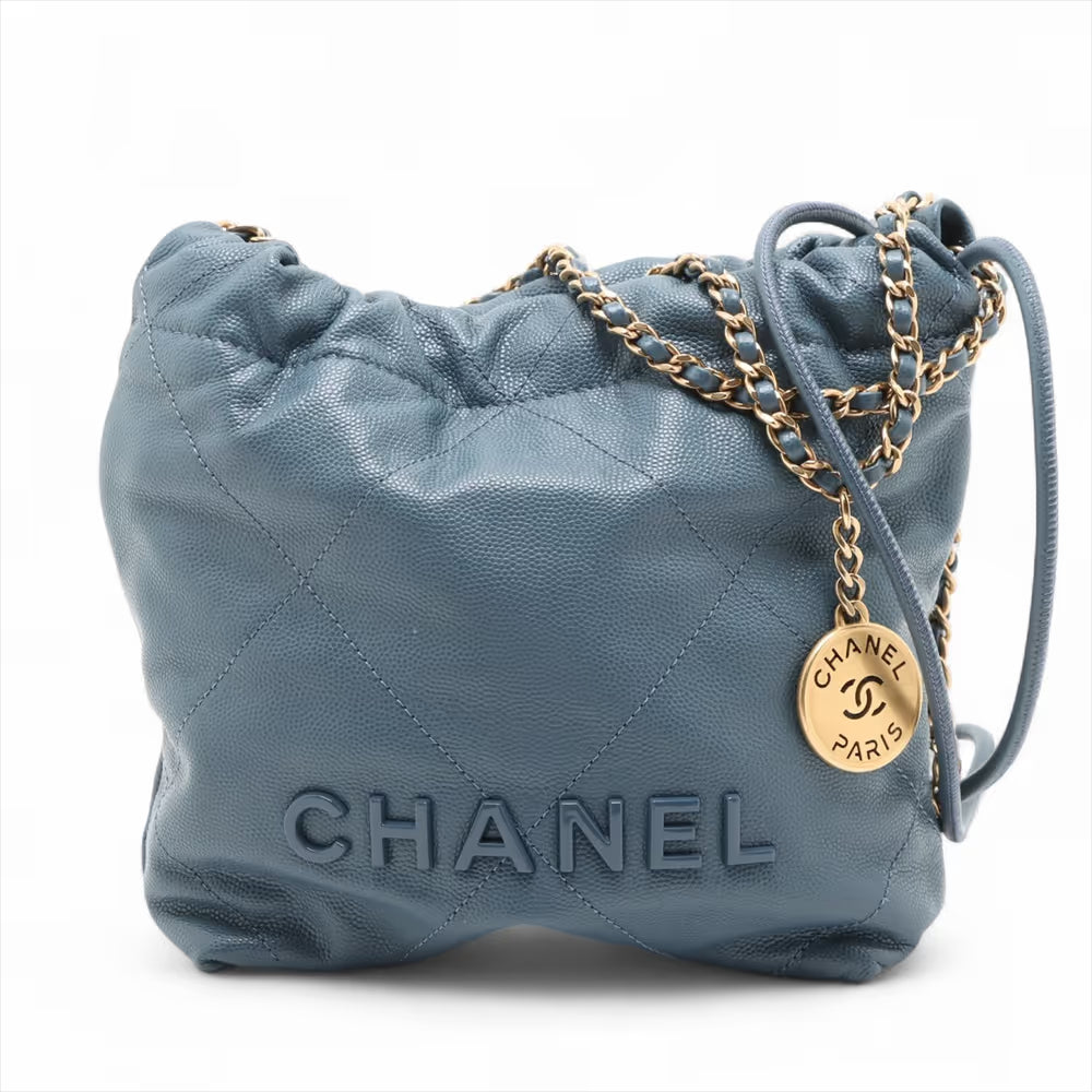 Chanel 22 Mini Caviar Skin Chain Shoulder Bag Blue