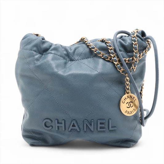 Chanel 22 Mini Caviar Skin Chain Shoulder Bag Blue