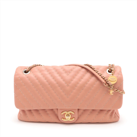 Chanel CC Logo V Stitch Lambskin Single Flap Double Chain Bag Salmon Pink