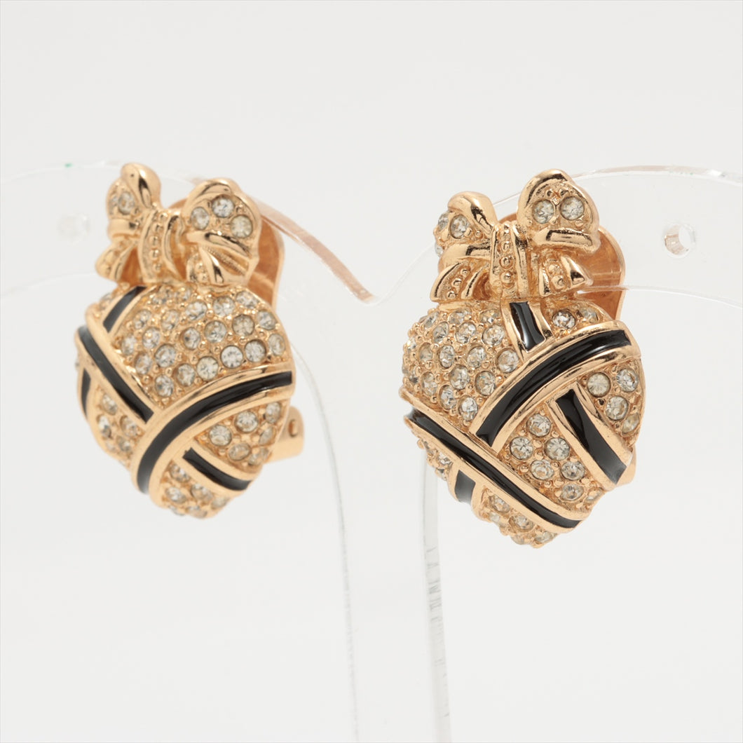 Dior Ribbon Heart Rhinestone Black Enamel Clip-on Earrings