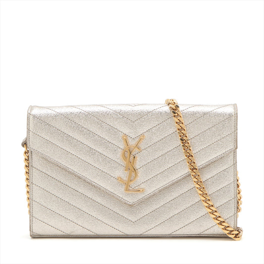 Saint Laurent Paris Monogram Chevron Metallic Leather Chain Wallet Bag Silver