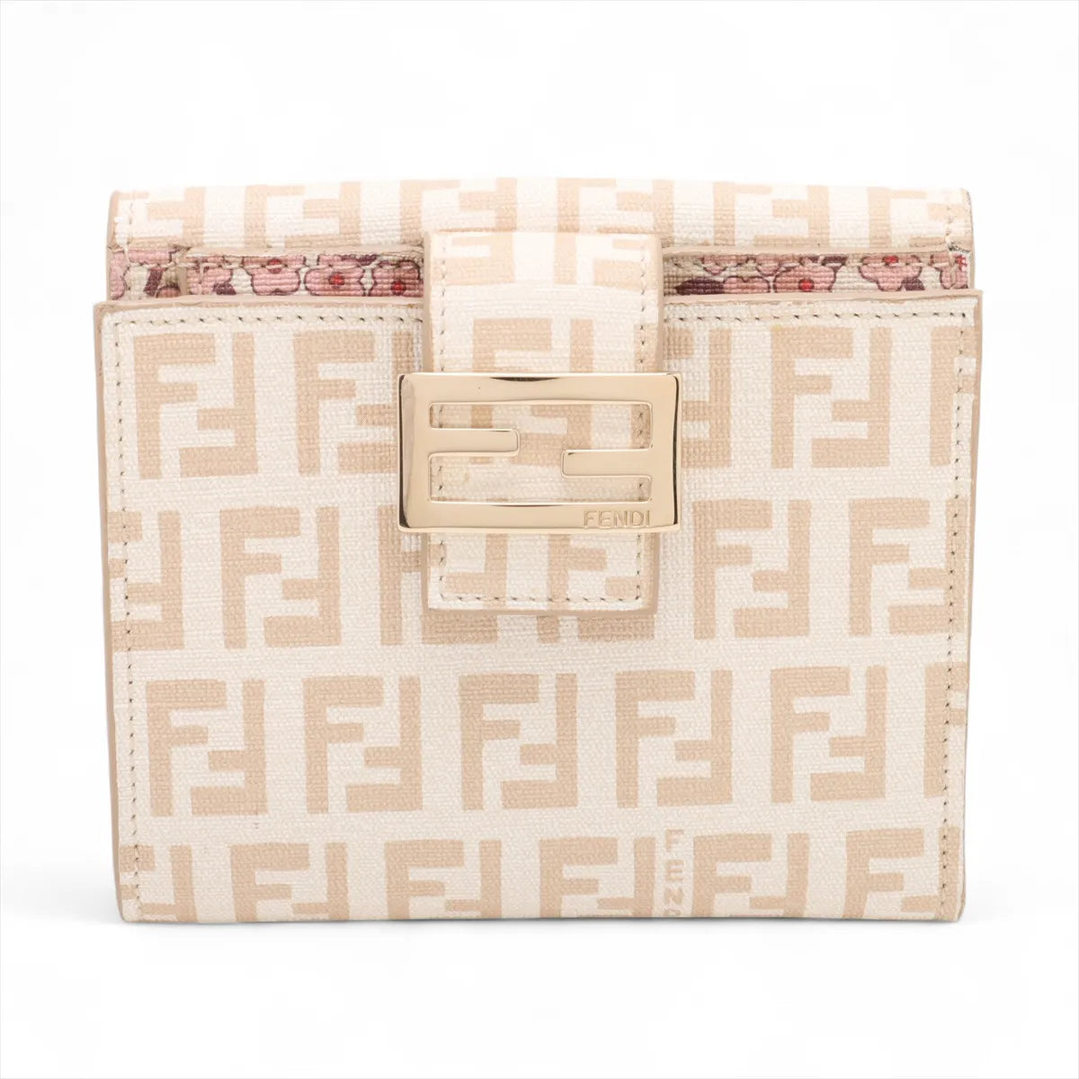 Fendi Zucchino Leather Trifold Compact Wallet Ivory