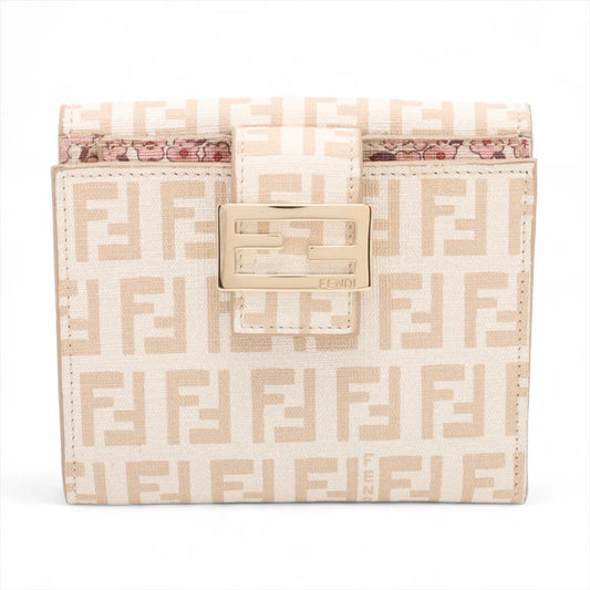 Fendi Zucchino Leather Trifold Compact Wallet Ivory