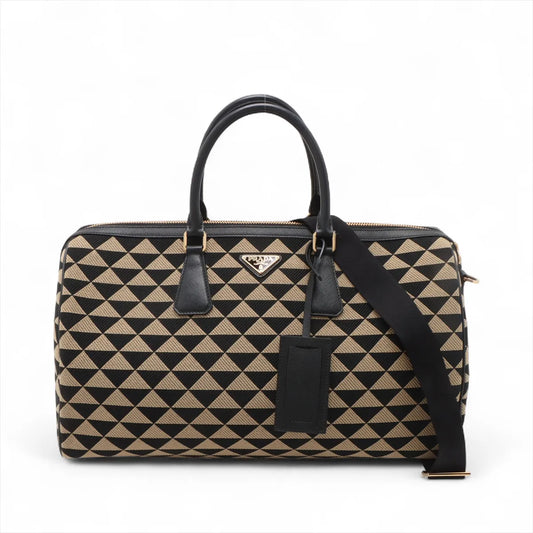 Prada Embroidery Fabric x Leather Two-Way Boston Bag Beige x Black