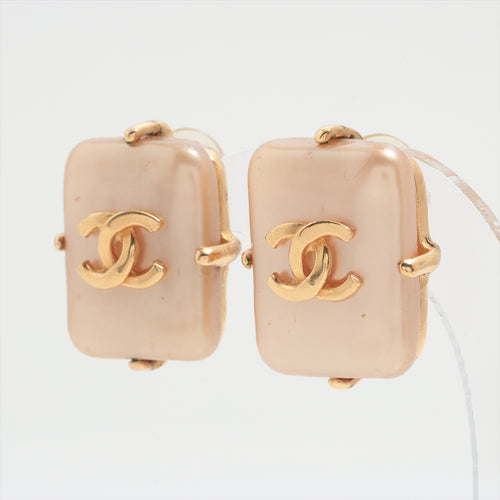 Authentic Chanel CC Logo Square Earring Beige Gold