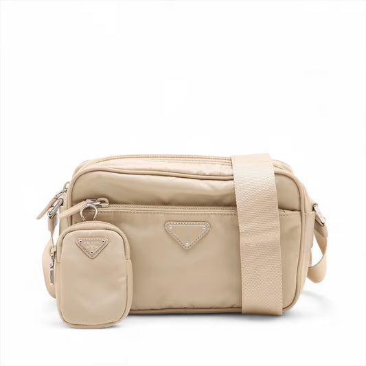 Prada Tessuto Nylon Leather Shoulder Bag Beige
