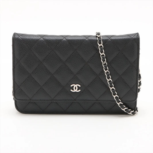 Chanel CC Logo Matelasse Caviar Skin Chain Wallet Black